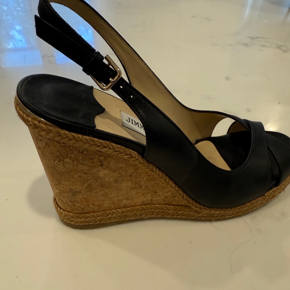 Jimmy Choo Black leather, 105 Amely Cork Wedge With Braid Trim